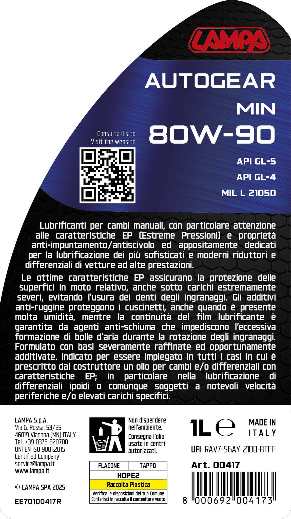 La confezione di Autogear Min 80W-90, olio cambio manuale - 1 L