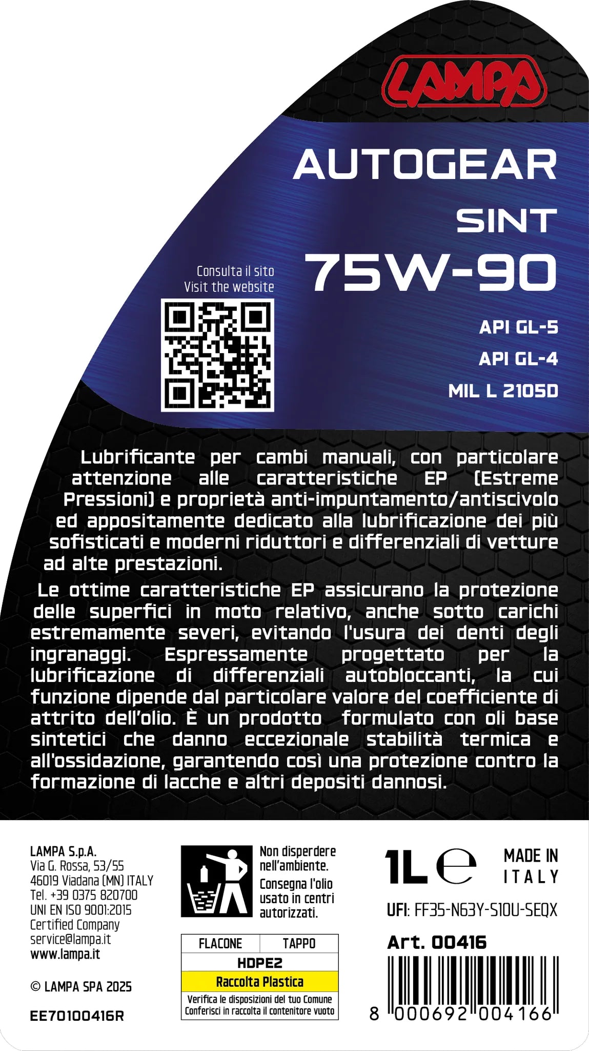 La confezione di Autogear Sint 75W-90, olio cambio manuale - 1 L