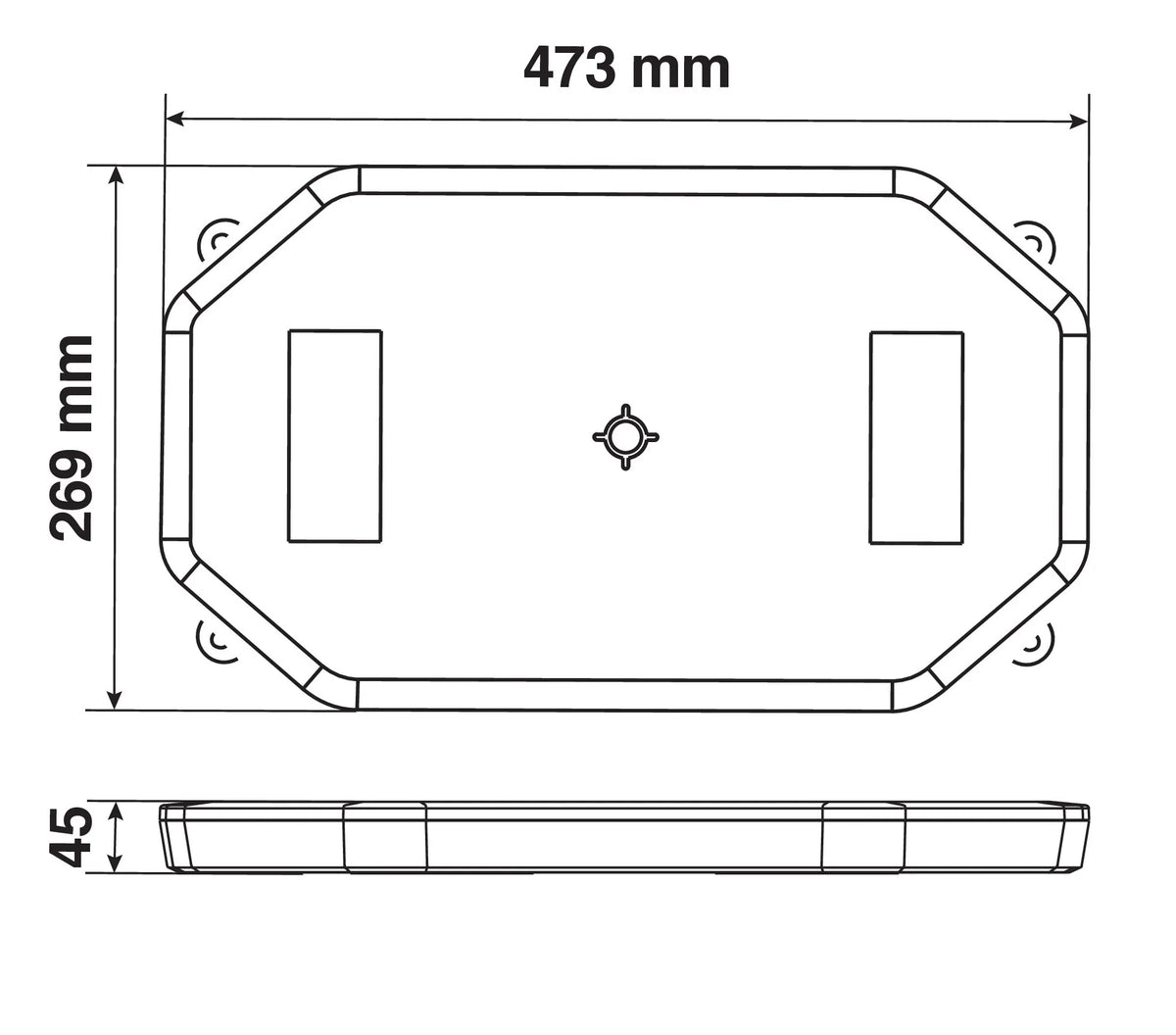 Disegno tecnico quotato di Barra lampeggiante arancio a 64 led, 10/30V - Base magnetica, con le misure