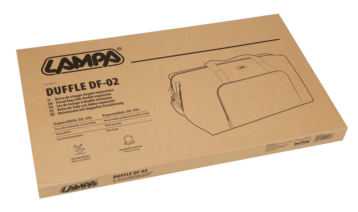 La confezione di DF-02 Duffle, borsa da viaggio doppia espansione
