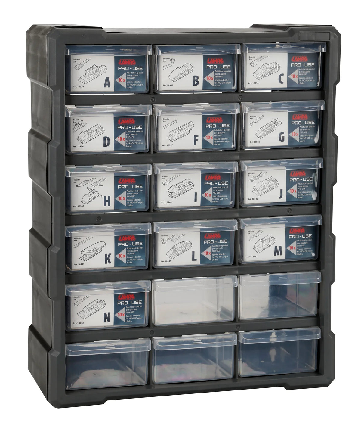 Dispenser a 18 cassetti con 130 adattatori su fondo bianco