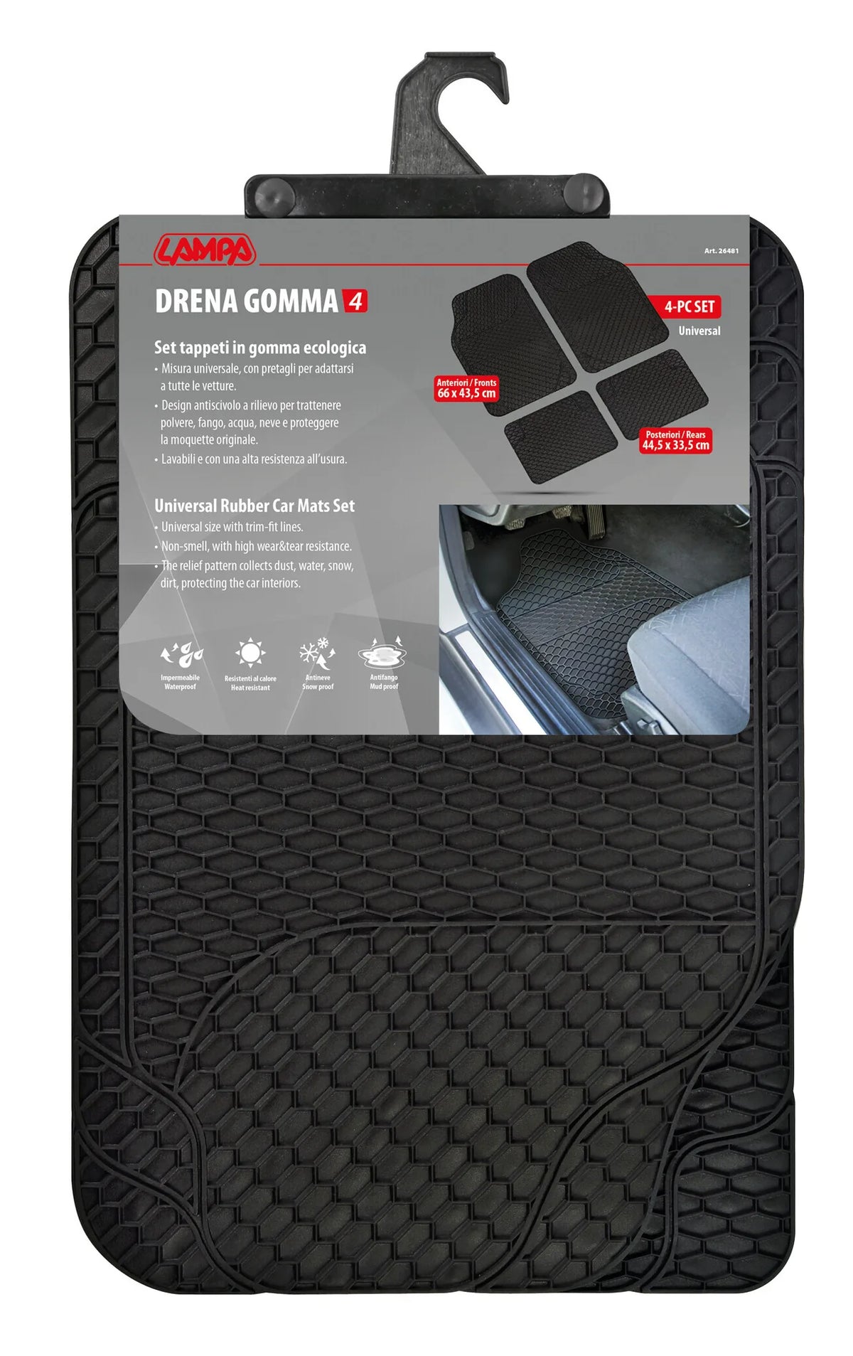 La confezione di Drena Gomma 4, serie tappeti universali 4 pezzi
