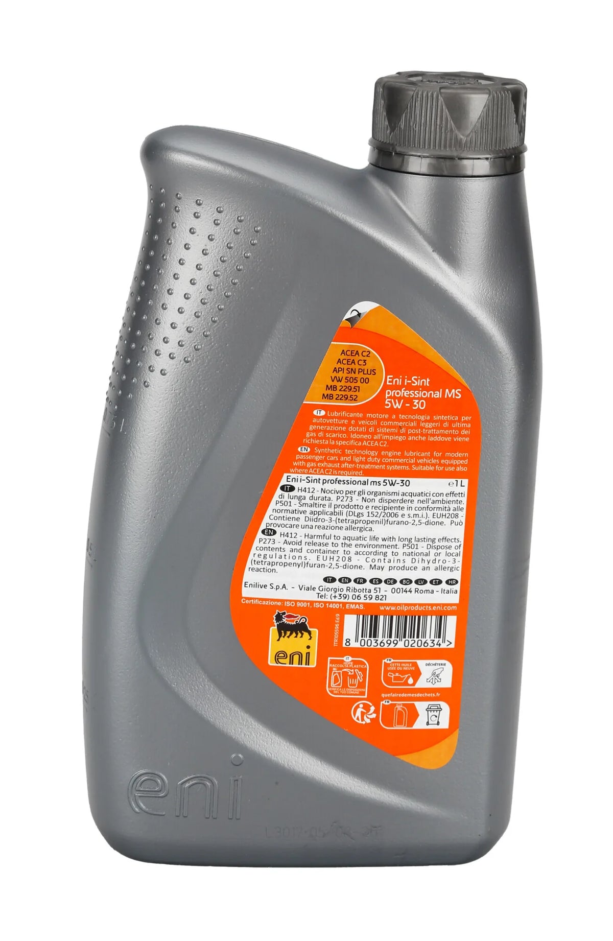 Eni olio i-sint ms 5w-30 lt.1 su fondo bianco, vista 2