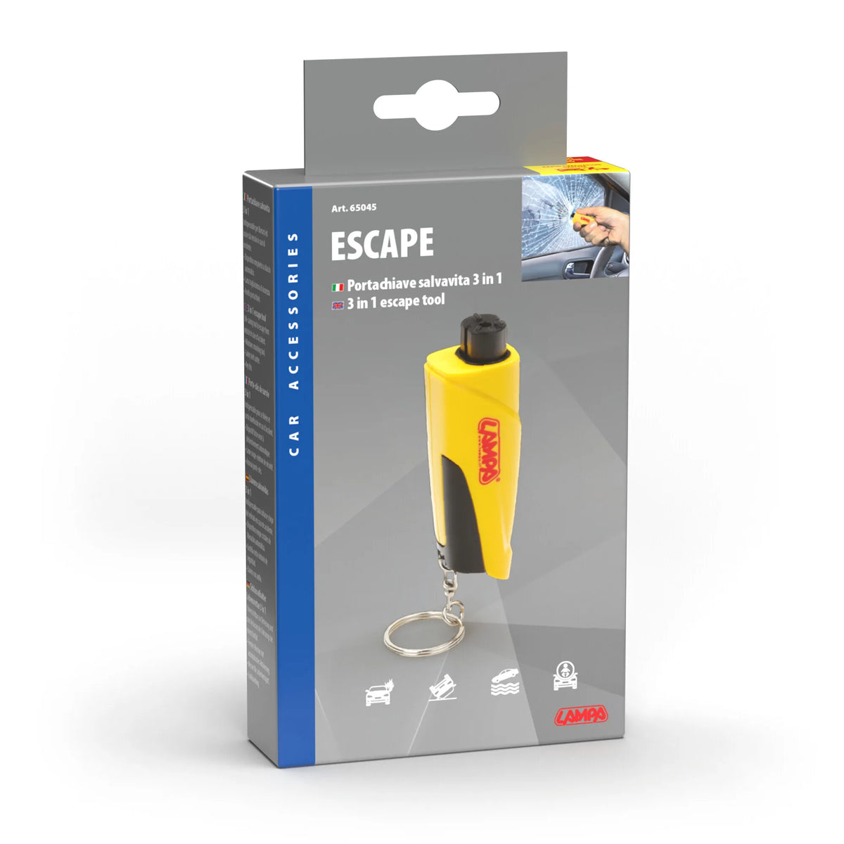 La confezione di Escape, portachiave salvavita 3 in 1