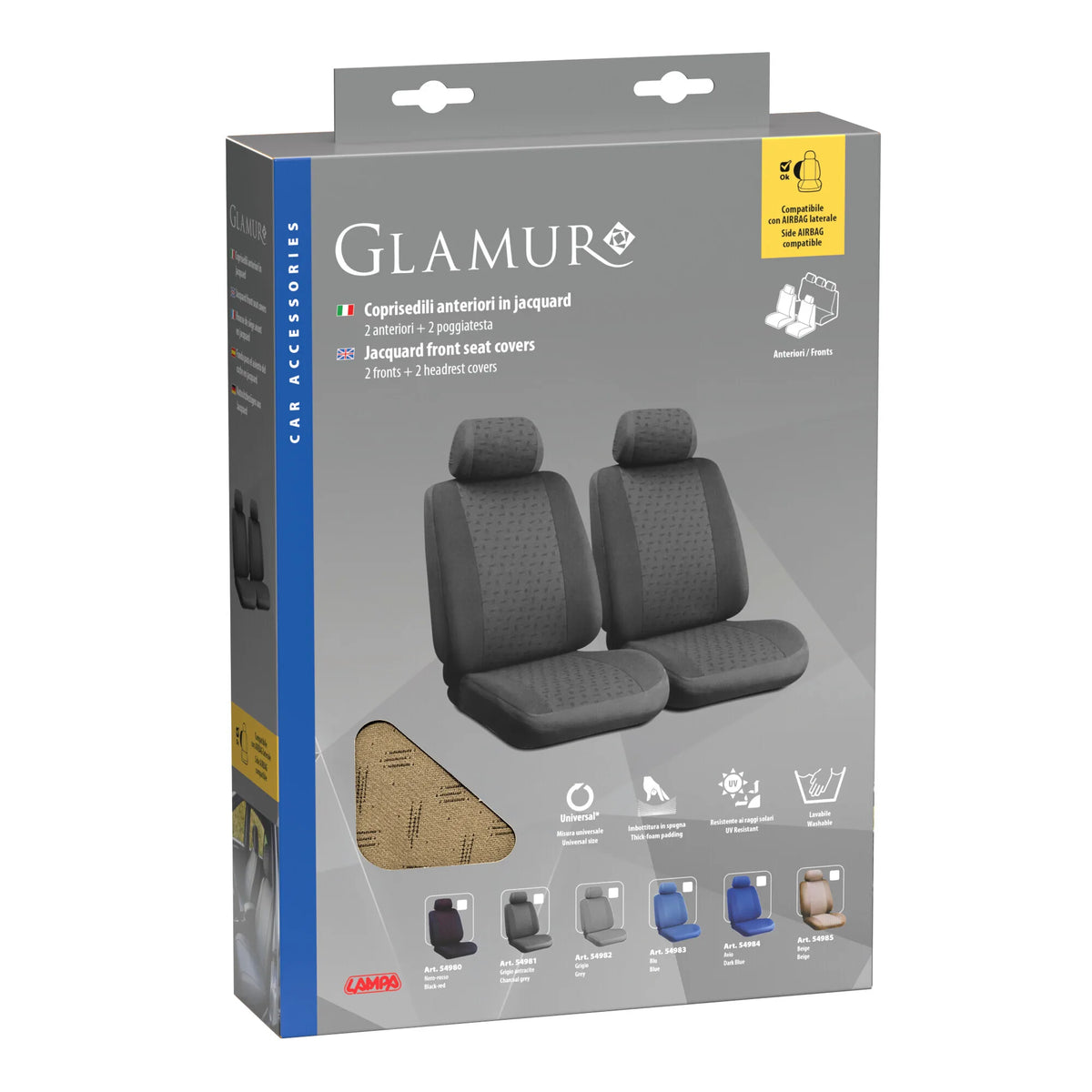 La confezione di Glamur, coppia coprisedili anteriori in jacquard, universali