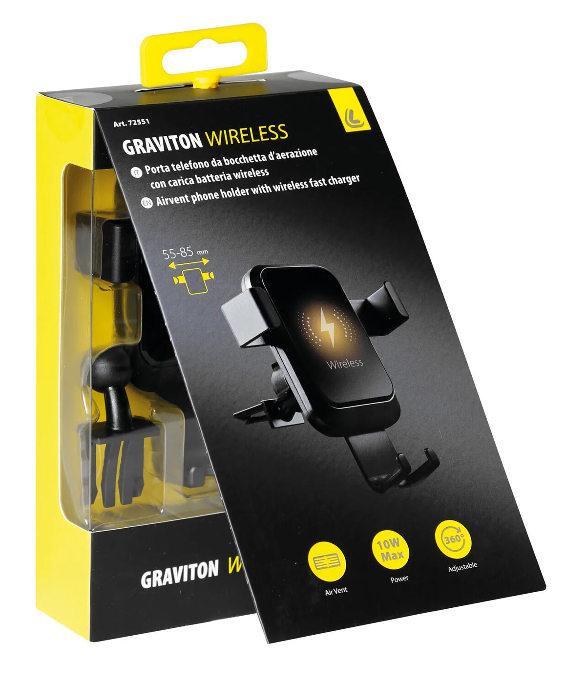 La confezione di Graviton Wireless, porta telefono per bocchette d’aerazione