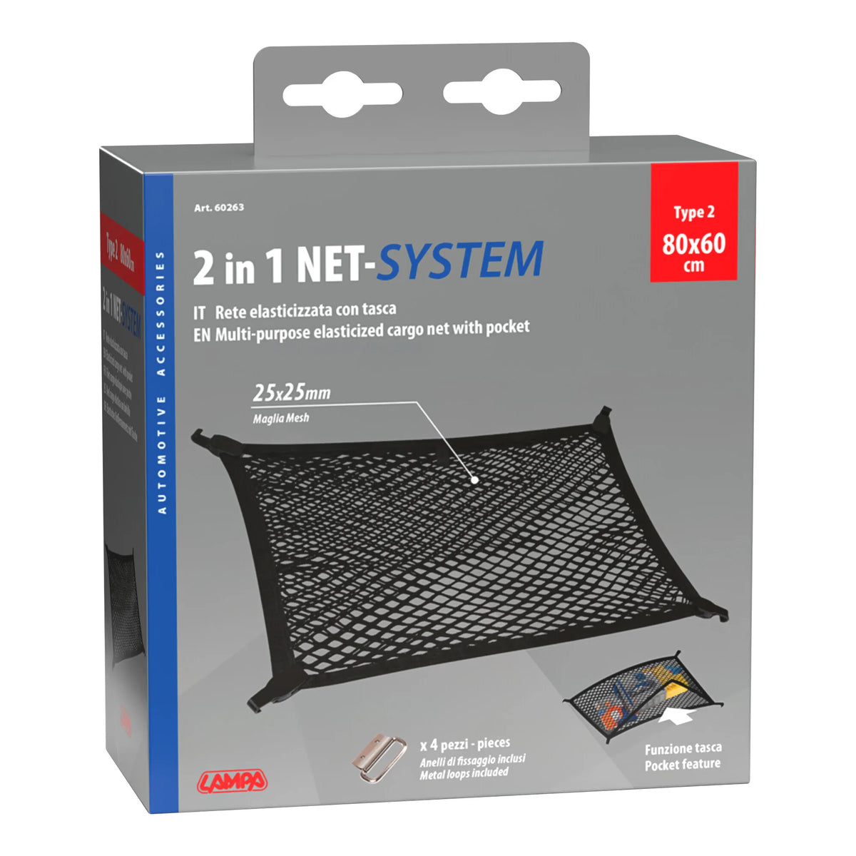 La confezione di Net-System-2, doppia rete fermacarichi elasticizzata -