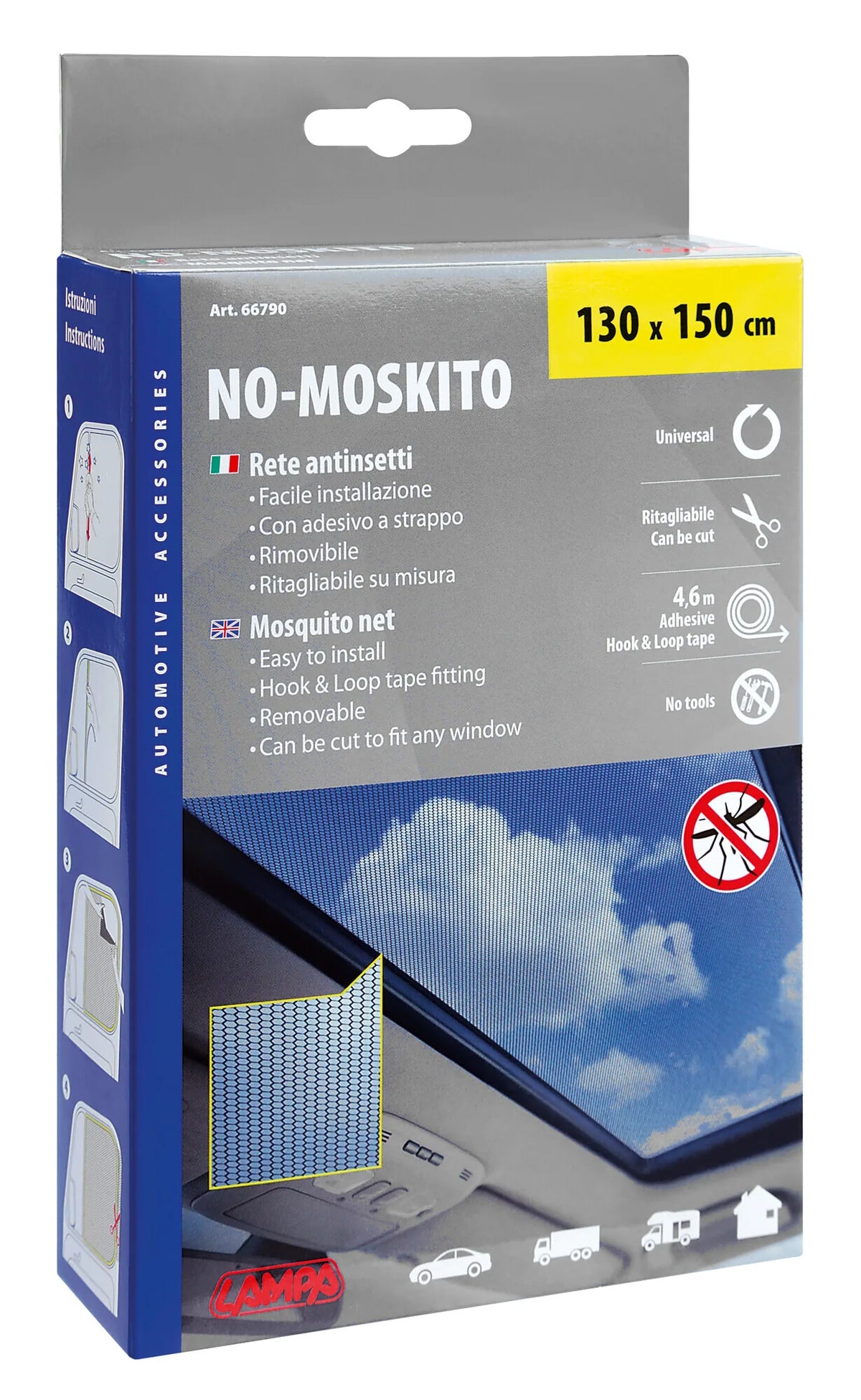 La confezione di No-moskito, zanzariera universale, rimovibile