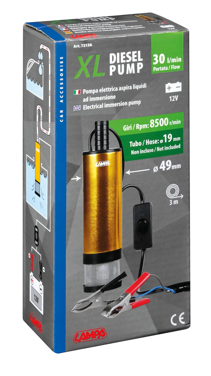 La confezione di Pompa aspira liquidi elettrica ad immersione, 12V - 50W