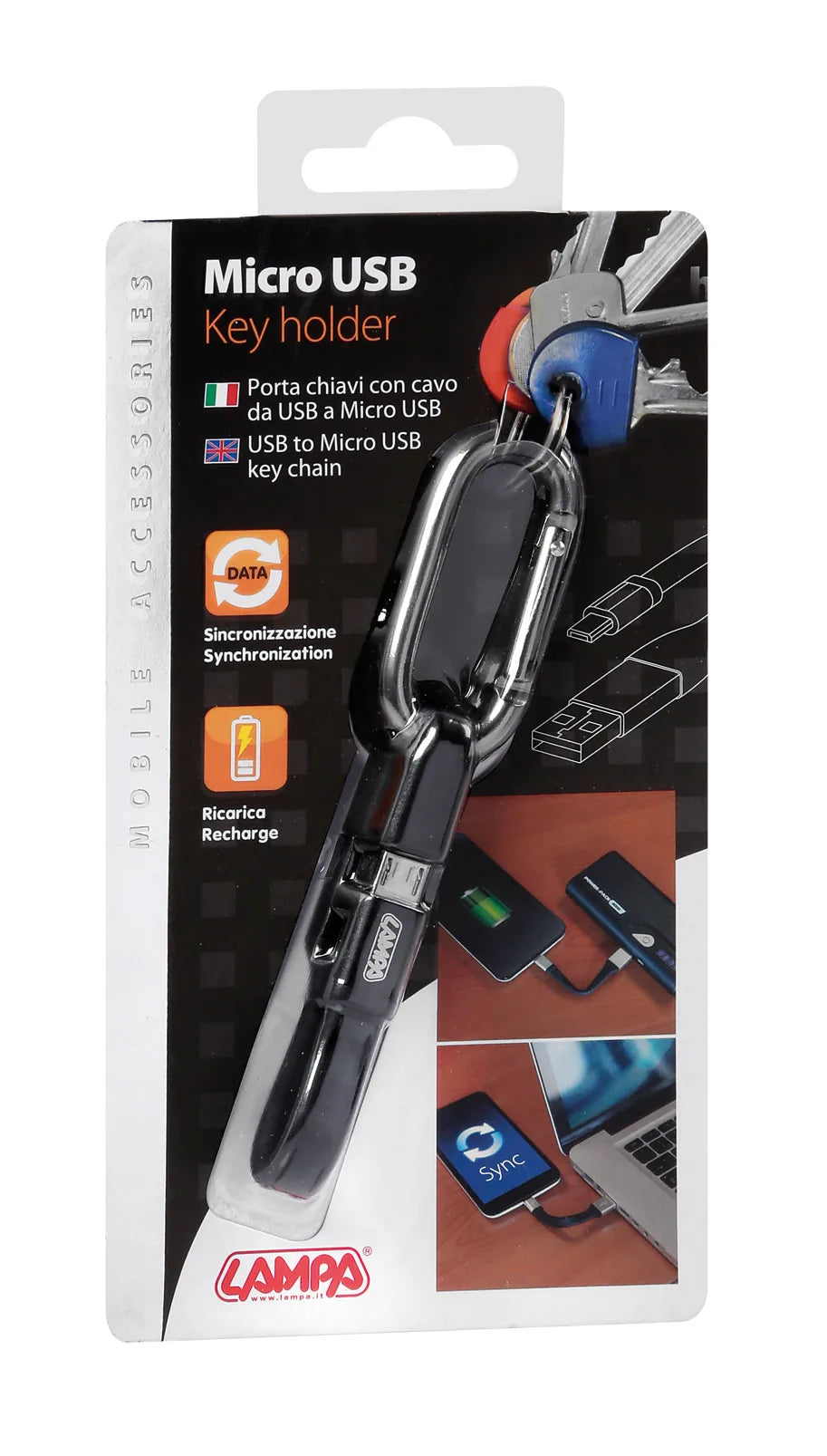 La confezione di Portachiave con cavo Usb > Micro Usb, 10 cm - Blister 1 pz