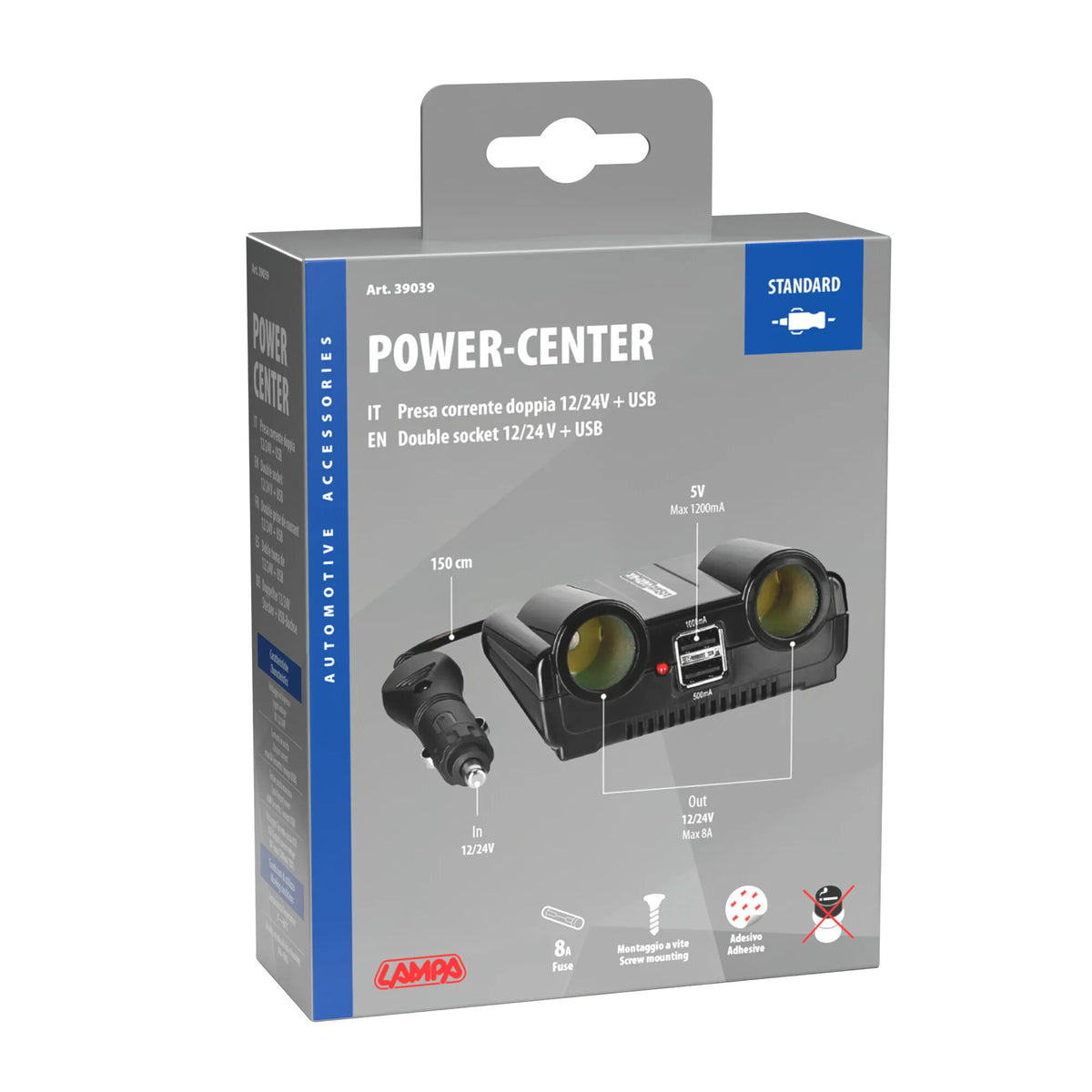 La confezione di Power Center, presa corrente doppia con USB, 12/24V