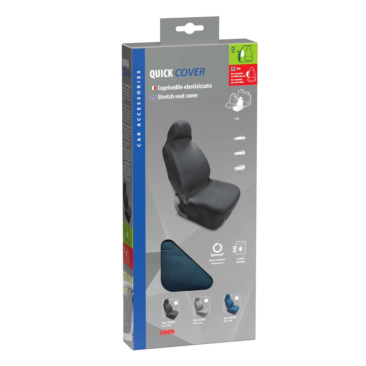 La confezione di Quick Cover, coprisedile elasticizzato anteriore