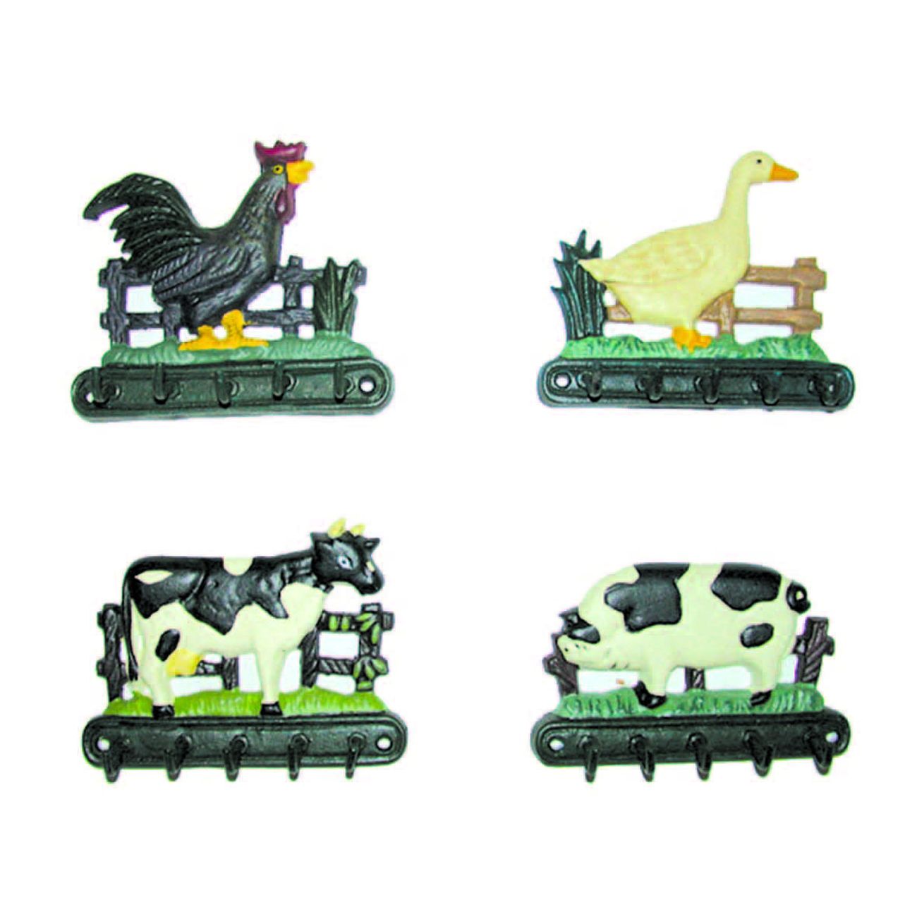 Ganci appenditutto in ghisa decorati - in set da pz.4 decoro: gallo, maiale, mucca, oca