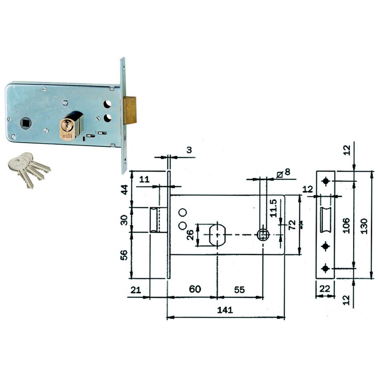 Serratura da infilare per fasce catenaccio e scrocco mm.72 h 725 - mm.60 (725600)