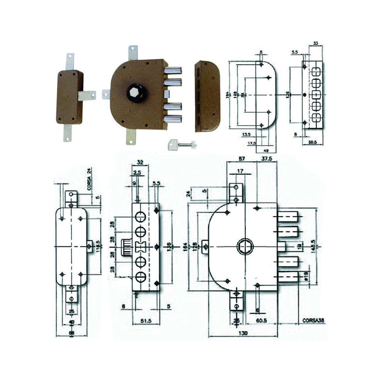 Serratura quintuplice da applicare con pomolo e scrocco a pompa 3350p - mm.60 dx (3350p-02)