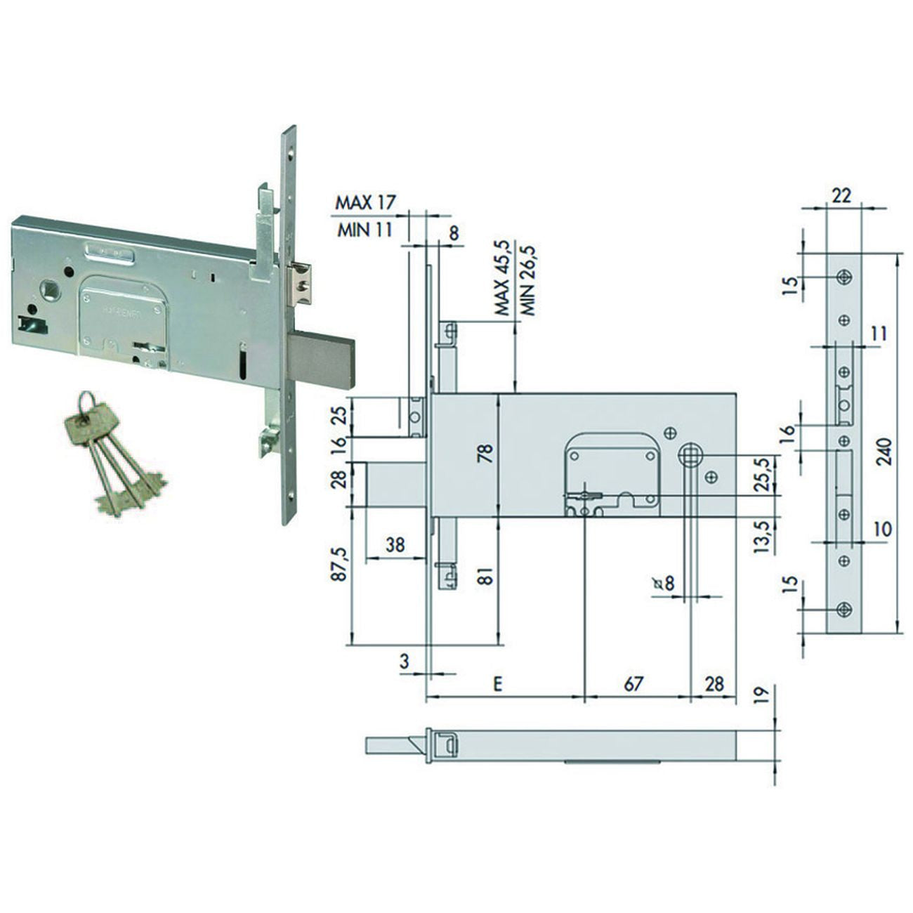 Serratura triplice da infilare per fasce doppia mappa mm.78 h 57357 - mm.90 (57357900)