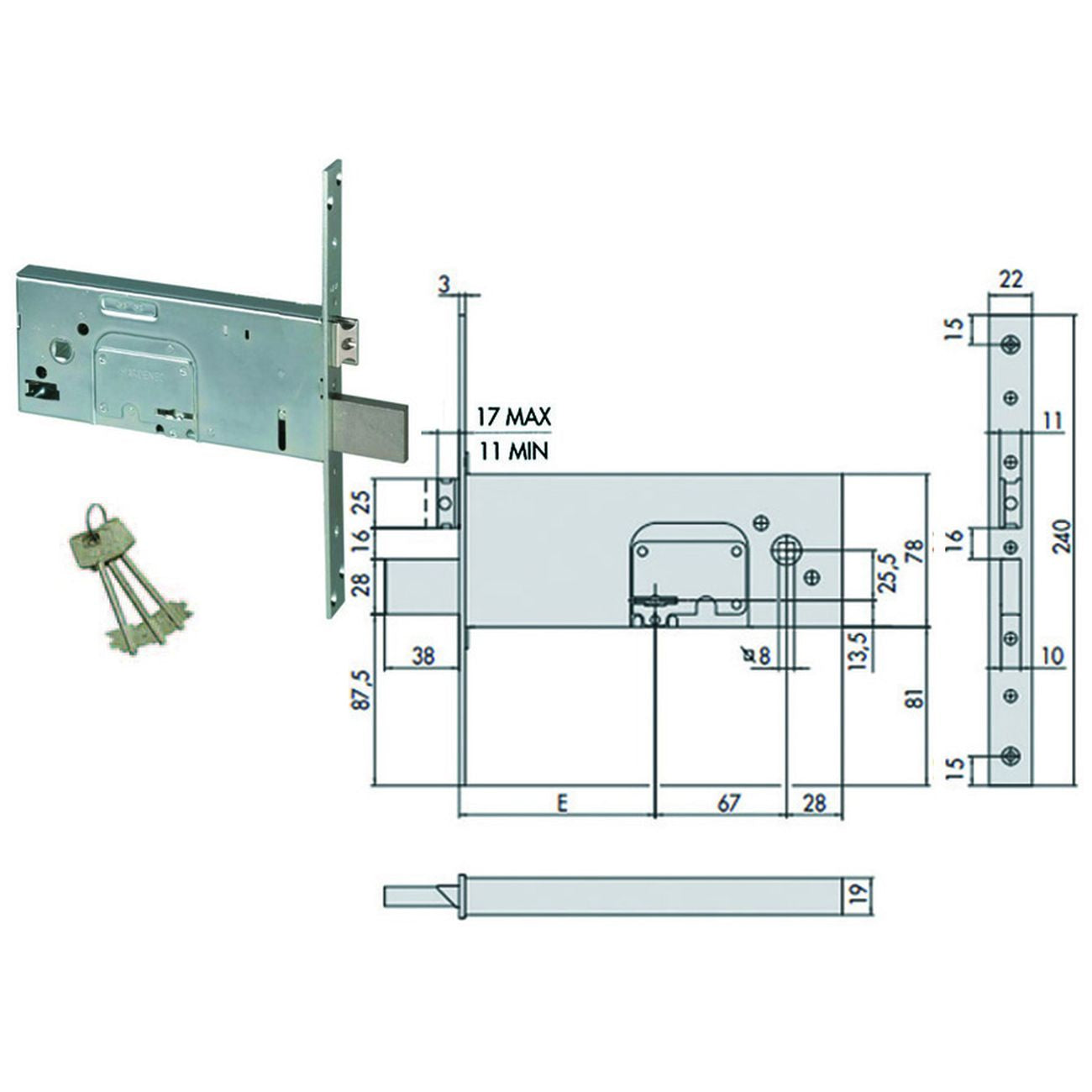 Serratura da infilare per fasce doppia mappa mm.78 h 57352 - mm.90 (57352900)
