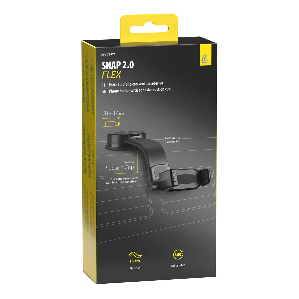 La confezione di Snap Flex 2.0, porta telefono a clip con ventosa adesiva a