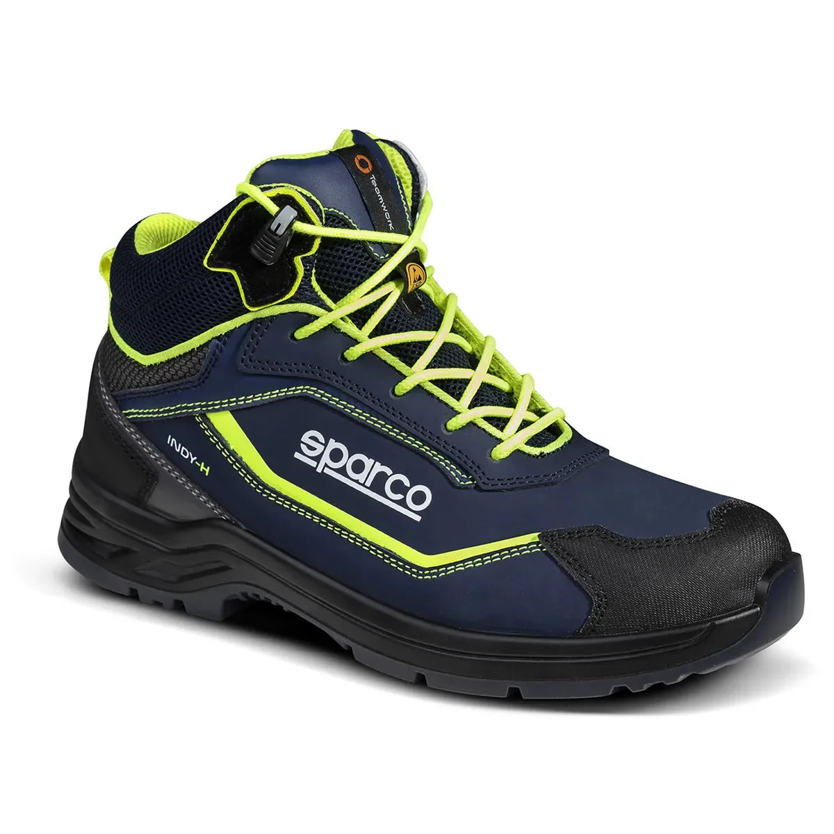 Scarpe antinfortunistiche alte Sparco Indy-H ESD S3S SR FO LG blu marine e giallo fluo