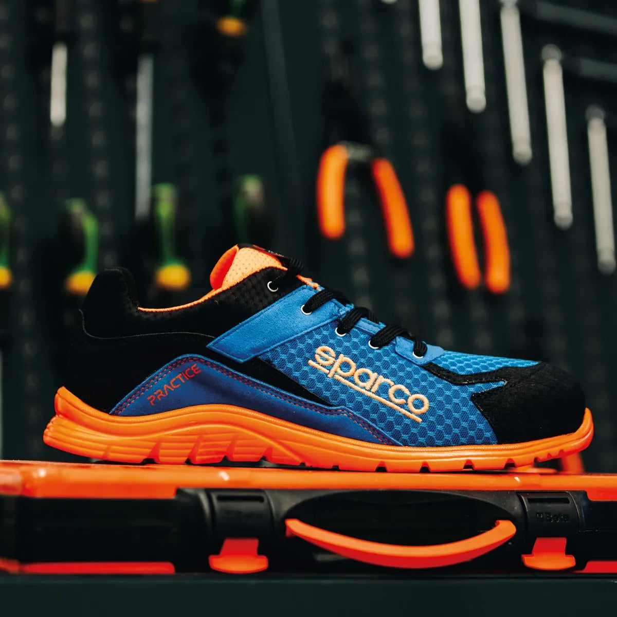Scarpe antinfortunistiche basse Sparco Teamwork Practice ESD S1PL SR FO Azzurro / Arancio Fluo