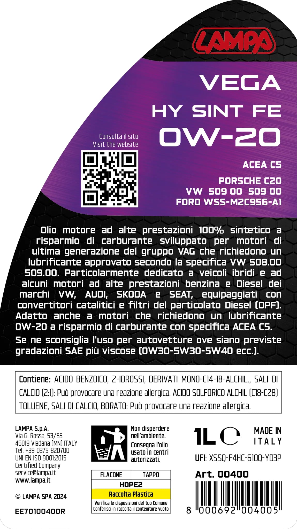 La confezione di Vega HY Sint FE 0W-20, olio motore auto - 1 L