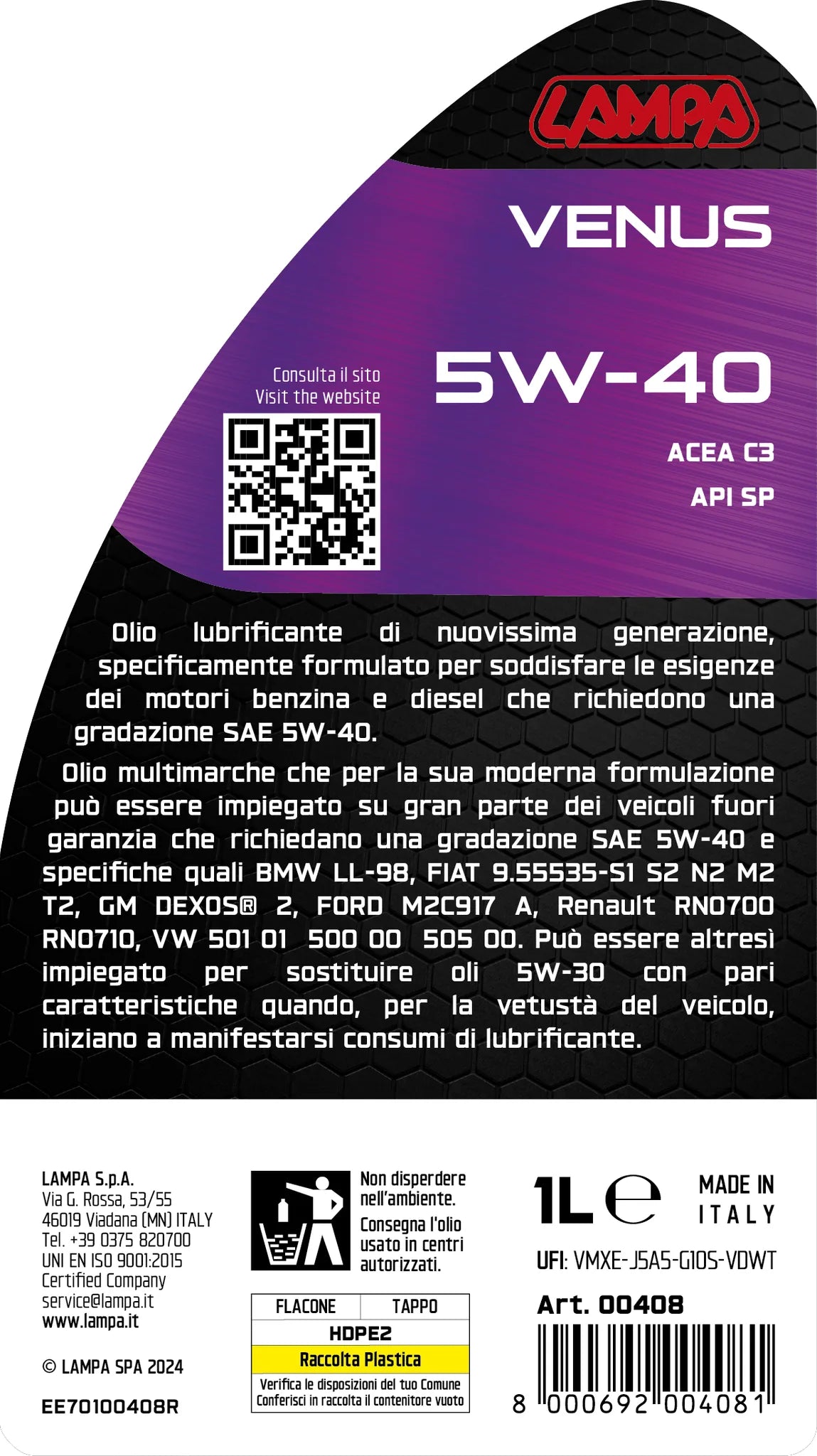 La confezione di Venus 5W-40, olio motore auto - 1 L