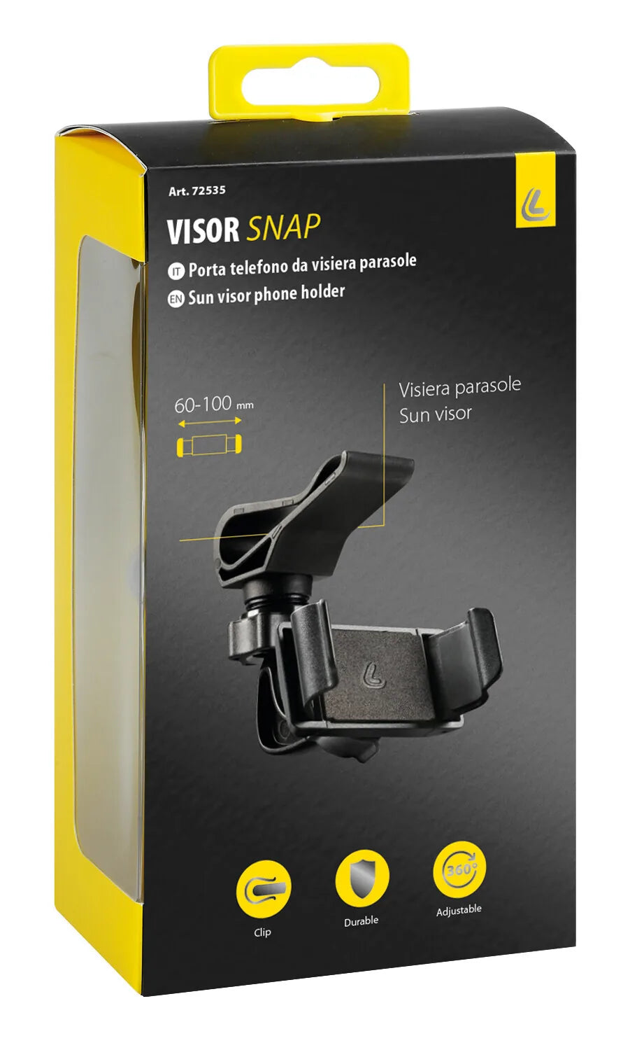 La confezione di Visor Snap, porta telefono per visiera parasole