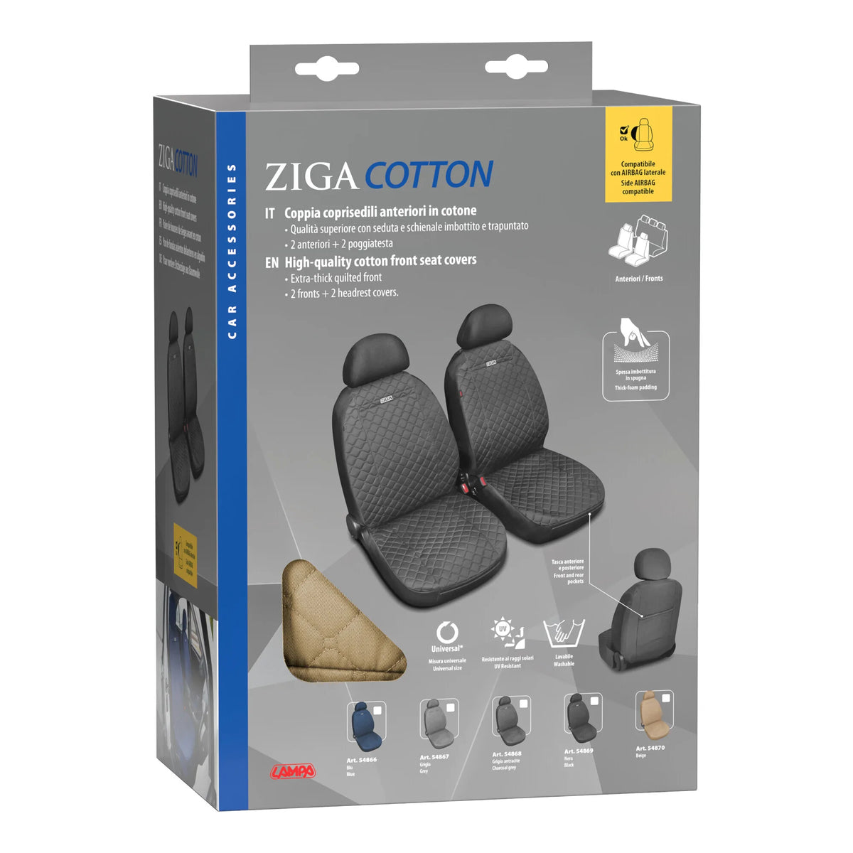 La confezione di Ziga, coppia coprisedili anteriori in cotone, universali