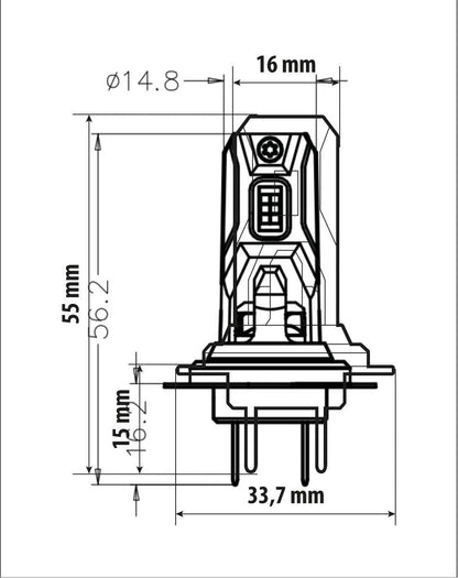 Disegno tecnico quotato di 12V Halo Led Cyber Series Quick-Fit - (H7) - 22W - PX26d, con le misure