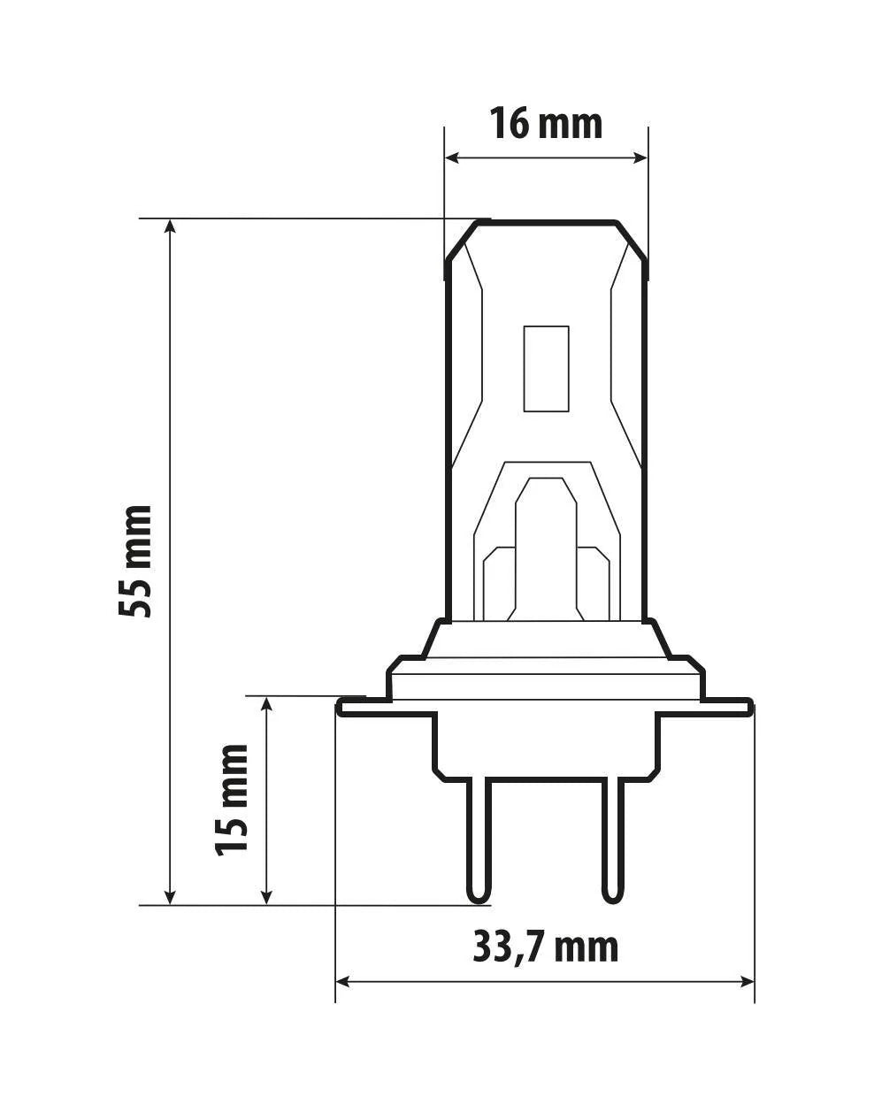 Disegno tecnico quotato di 12V Halo Led Cyber Series Quick-Fit - (H7) - 22W - PX26d, con le misure
