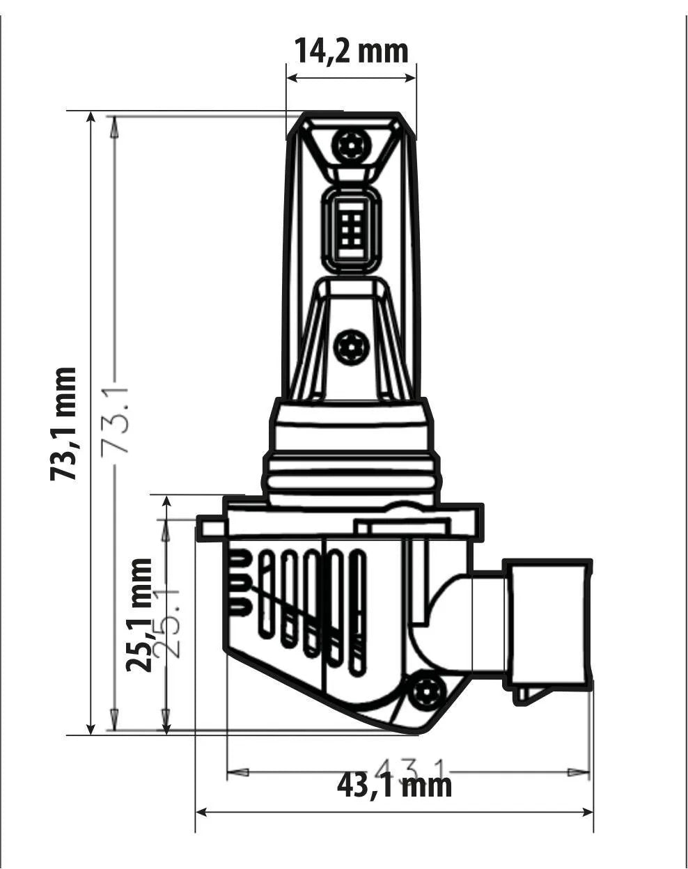 Disegno tecnico quotato di 12V Halo Led Cyber Series Quick-Fit - (HB3-HB4) - 36W, con le misure