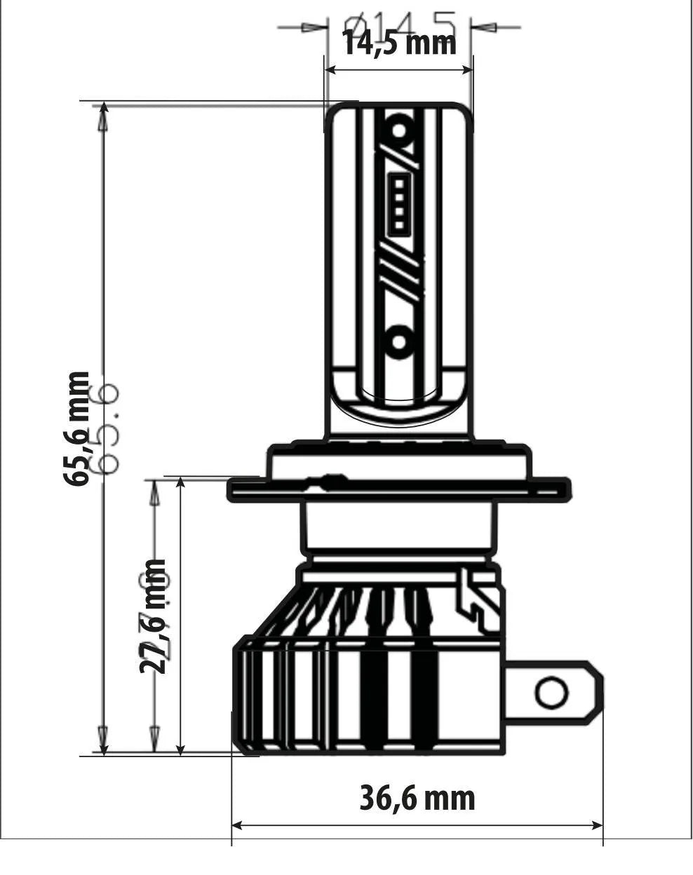 Disegno tecnico quotato di 12V Halo Led Hyper Series Quick-Fit - (H7) - 15W - PX26d, con le misure
