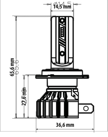 Disegno tecnico quotato di 12V Halo Led Hyper Series Quick-Fit - (H7) - 15W - PX26d, con le misure