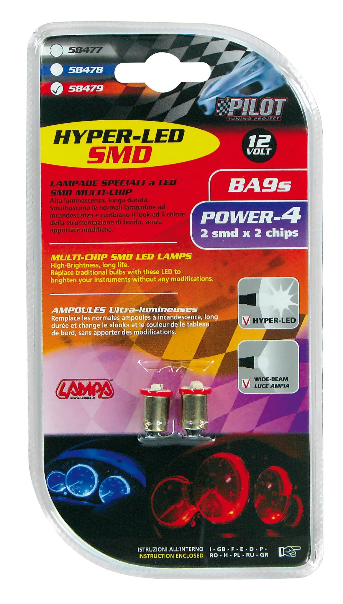 La confezione di 12V Hyper-Led 6 - 2 SMD x 3 chips - BA9s - 2 pz, vista 3