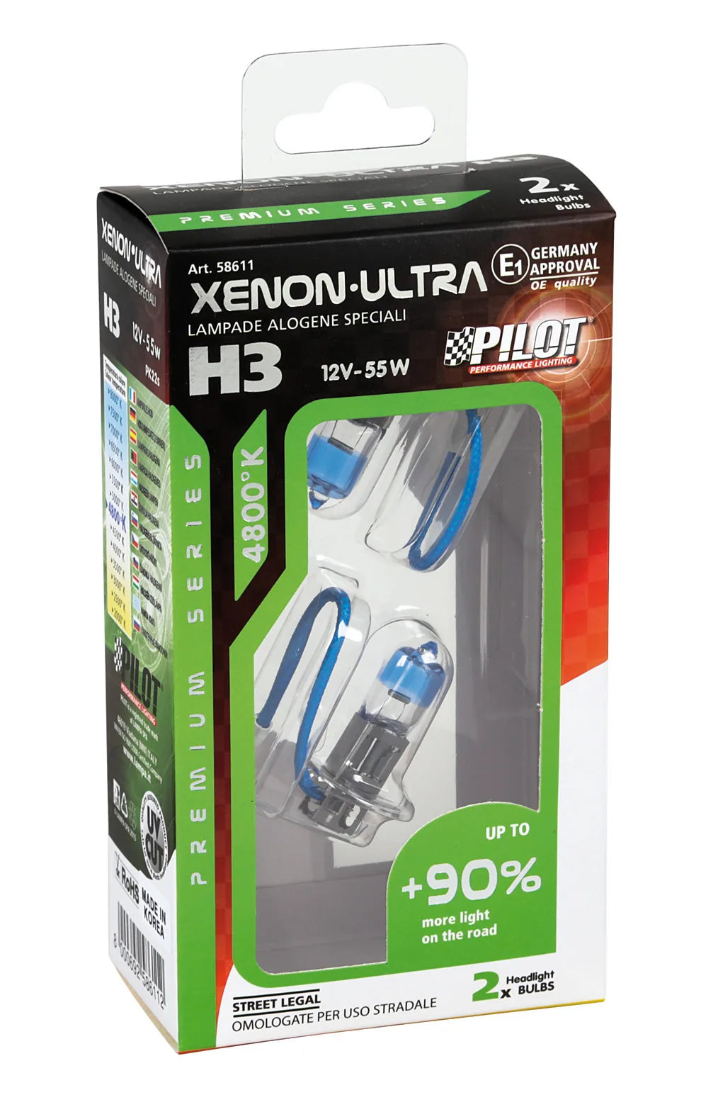 La confezione di 12V Lampada alogena Xenon Ultra +90% luce - H3 - 55W