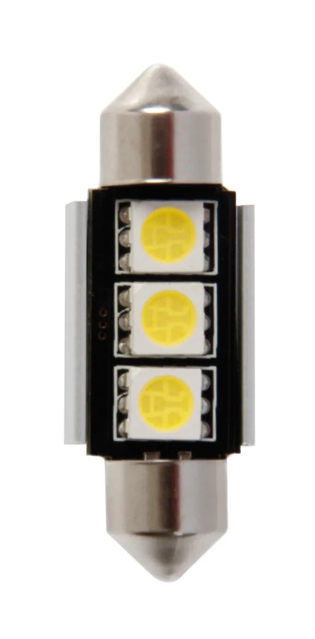 12V Led Series - 3 SMD x 3 chips - (C5W) - 10x36 mm su fondo bianco