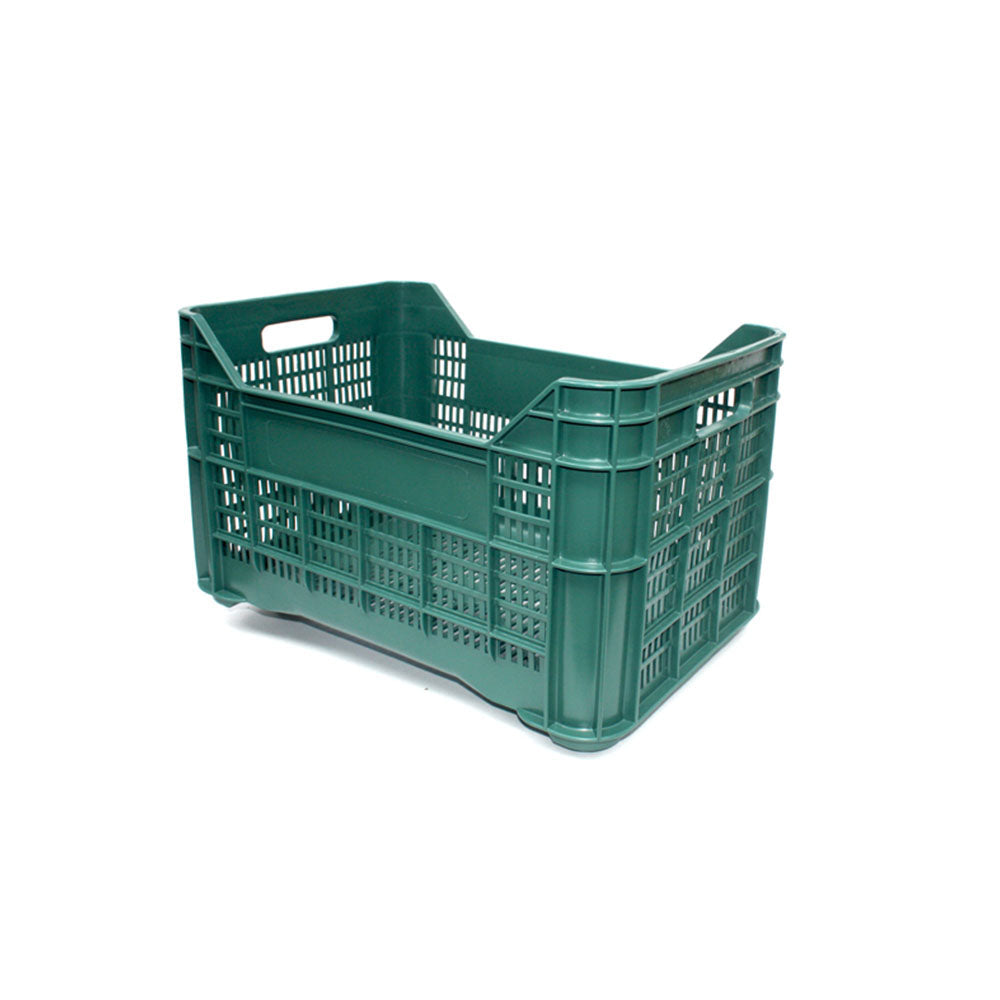 Cassa per la raccolta delle olive, tutta forata, in plastica verde, sovrapponibile