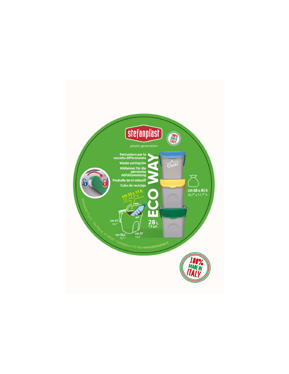 Set 3 Pattumiere per Raccolta Differenziata da 28 Litri Eco Way - Stefanplast