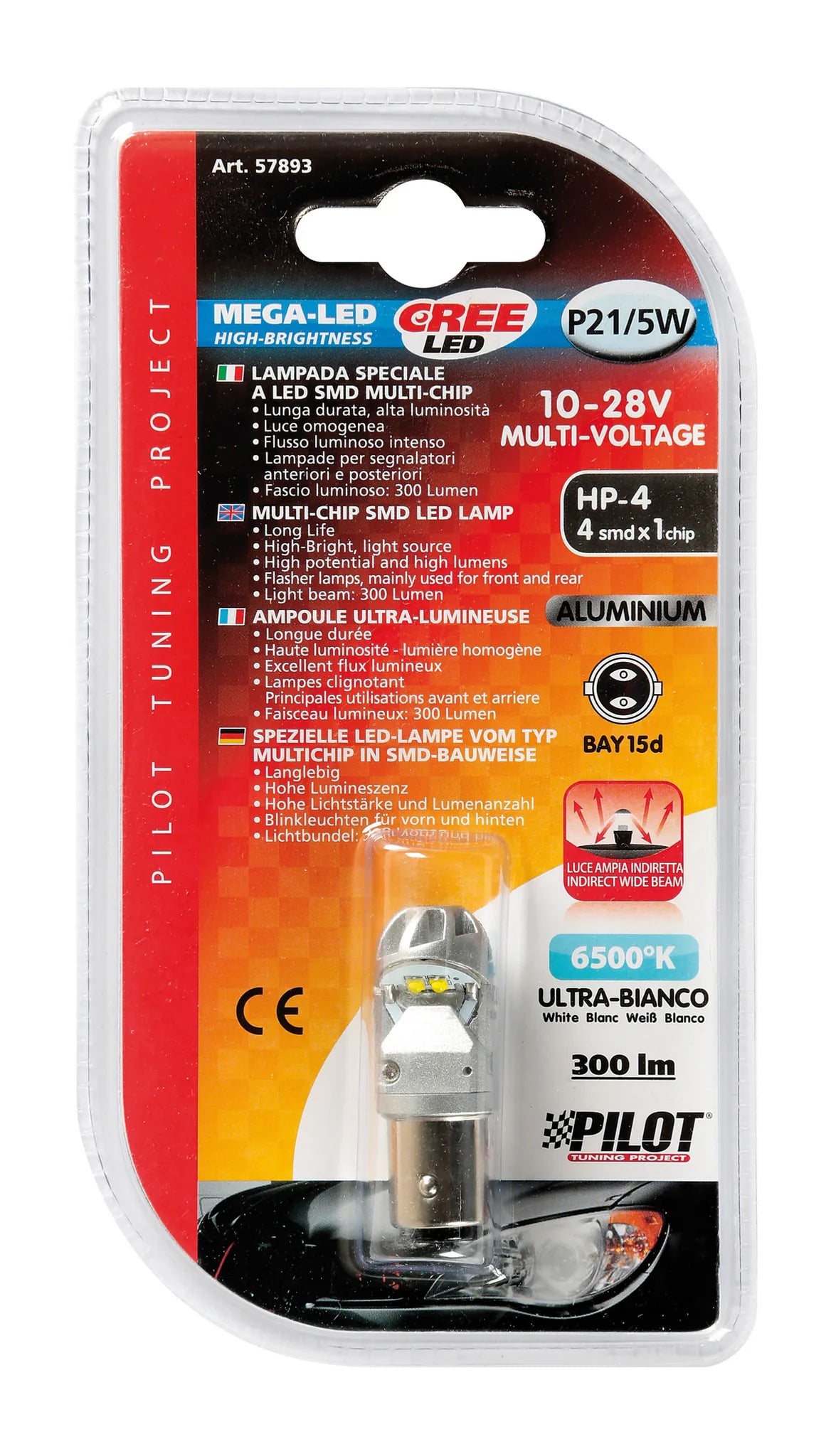 La confezione di 9/30V Mega-Led HP-4 - 4 SMD x 1 chip - (P21/5W) - BAY15d