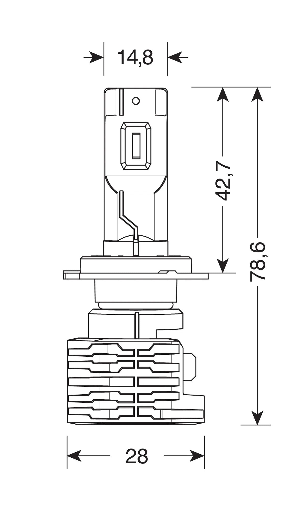 Disegno tecnico quotato di 9/32V Halo Led Serie 10 Halo Killer - (H7) - 20W - PX26d, con le misure