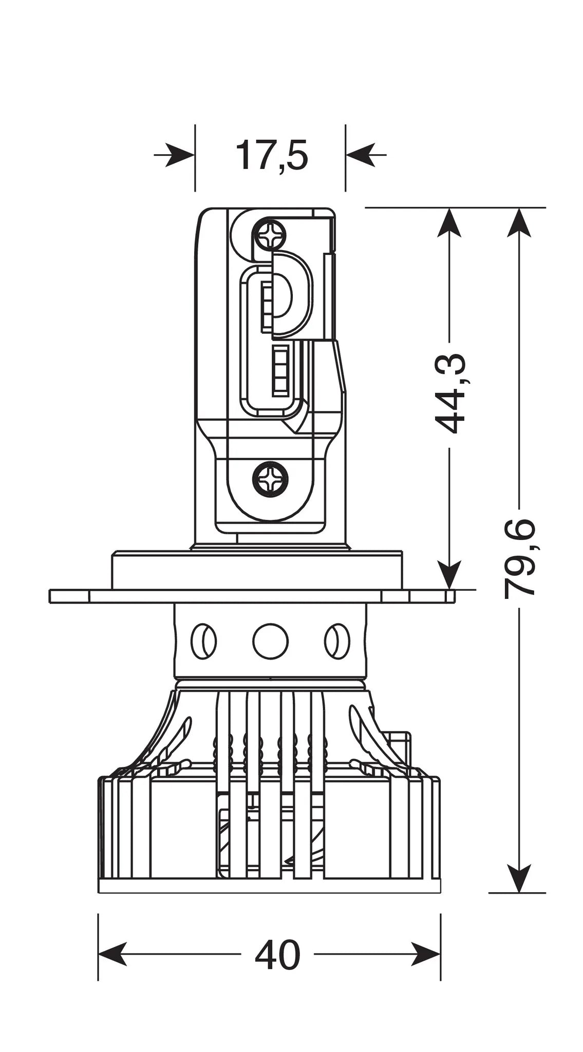 Disegno tecnico quotato di 9/32V Halo Led Serie 7 Compact - (H4) - 36W - P43t - 2 pz, con le misure