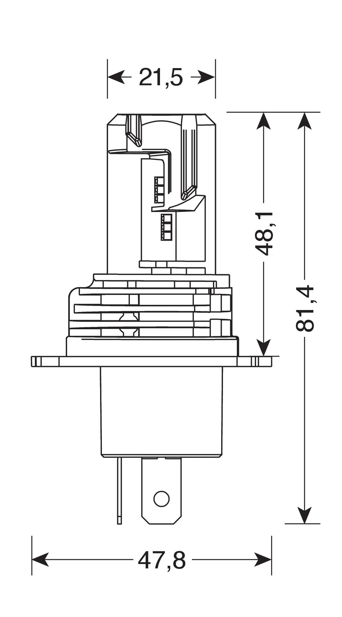 Disegno tecnico quotato di 9/32V Halo Led Serie 8 Halo Killer - (H4) - 25W - P43t - 2, con le misure