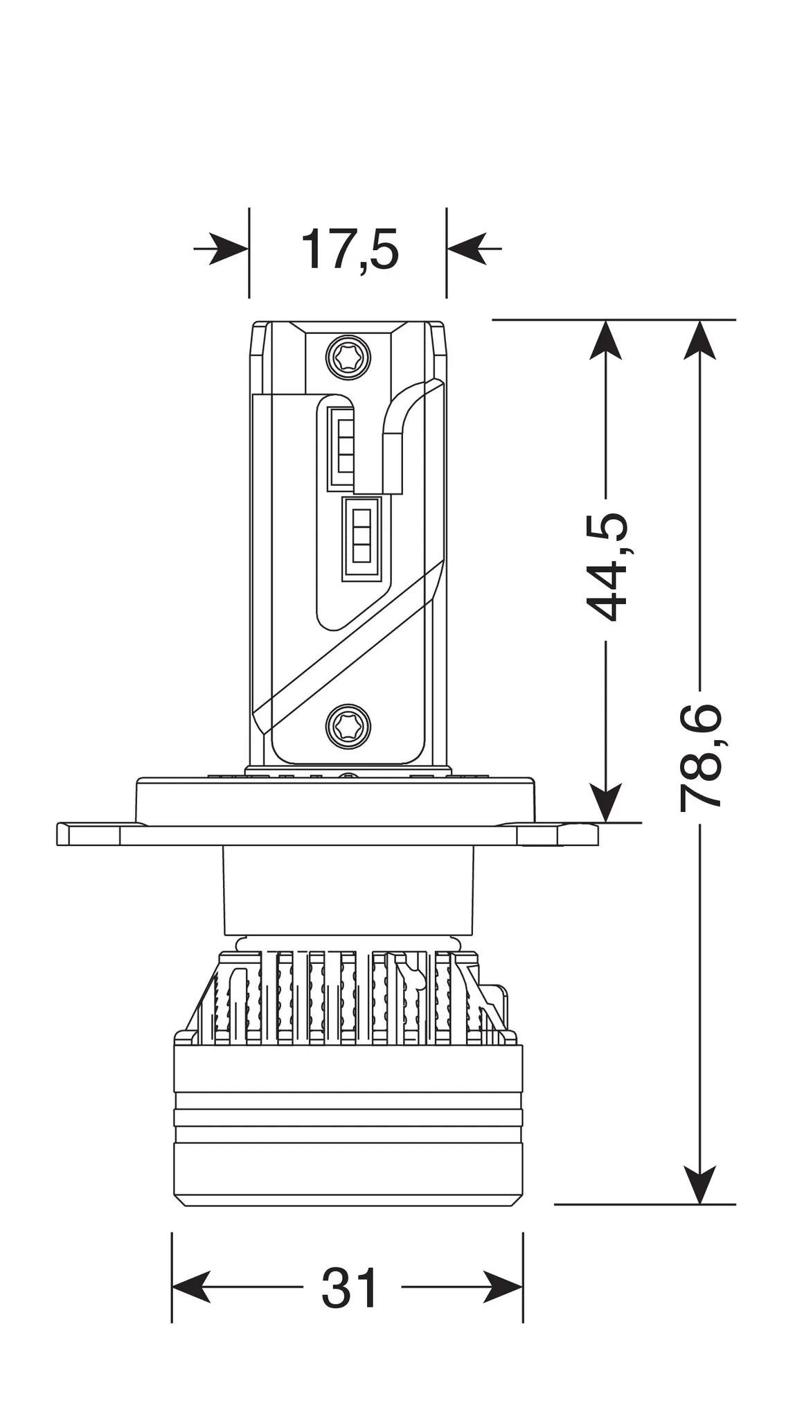 Disegno tecnico quotato di 9/32V Halo Led Serie 9 Ultra Power Compact - (H4) - 45W, con le misure