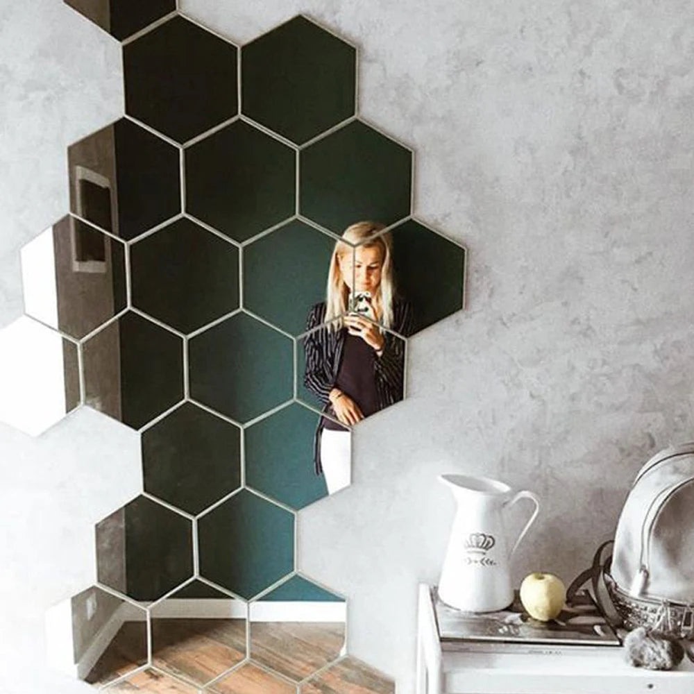 6/12Pcs 3D Hexagon Mirror Wall Sticker Rose Gold DIY TV Background Living Room Stickers Wall Decor Bedroom Bathroom Home Decor