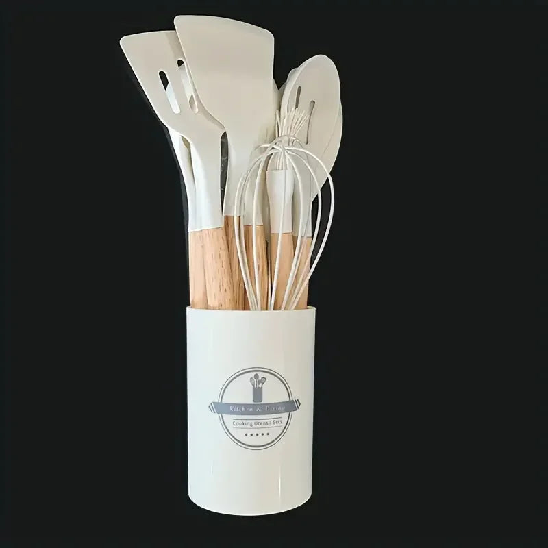 12Pcs Set of Multi-Color Silicone Wooden Handle Kitchenware Set Non Stick Pot Spatula and Spoon Cooking Utensils, Heat-Resistant
