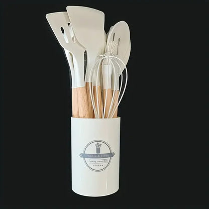 12Pcs Set of Multi-Color Silicone Wooden Handle Kitchenware Set Non Stick Pot Spatula and Spoon Cooking Utensils, Heat-Resistant
