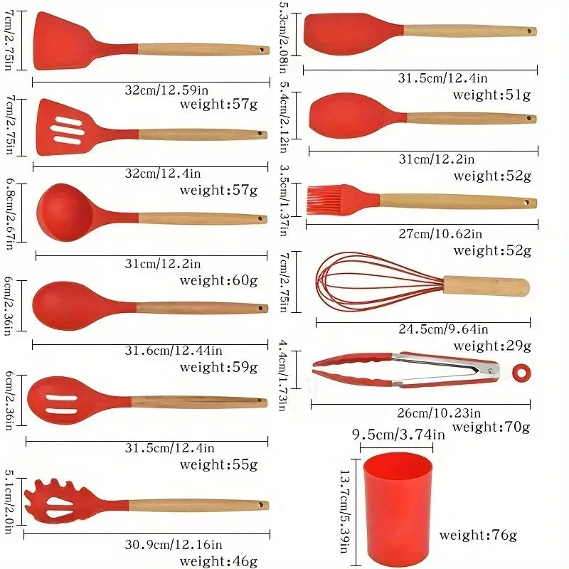 12Pcs Set of Multi-Color Silicone Wooden Handle Kitchenware Set Non Stick Pot Spatula and Spoon Cooking Utensils, Heat-Resistant
