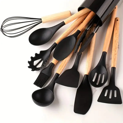 12Pcs Set of Multi-Color Silicone Wooden Handle Kitchenware Set Non Stick Pot Spatula and Spoon Cooking Utensils, Heat-Resistant
