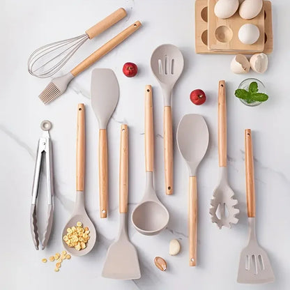 12Pcs Set of Multi-Color Silicone Wooden Handle Kitchenware Set Non Stick Pot Spatula and Spoon Cooking Utensils, Heat-Resistant