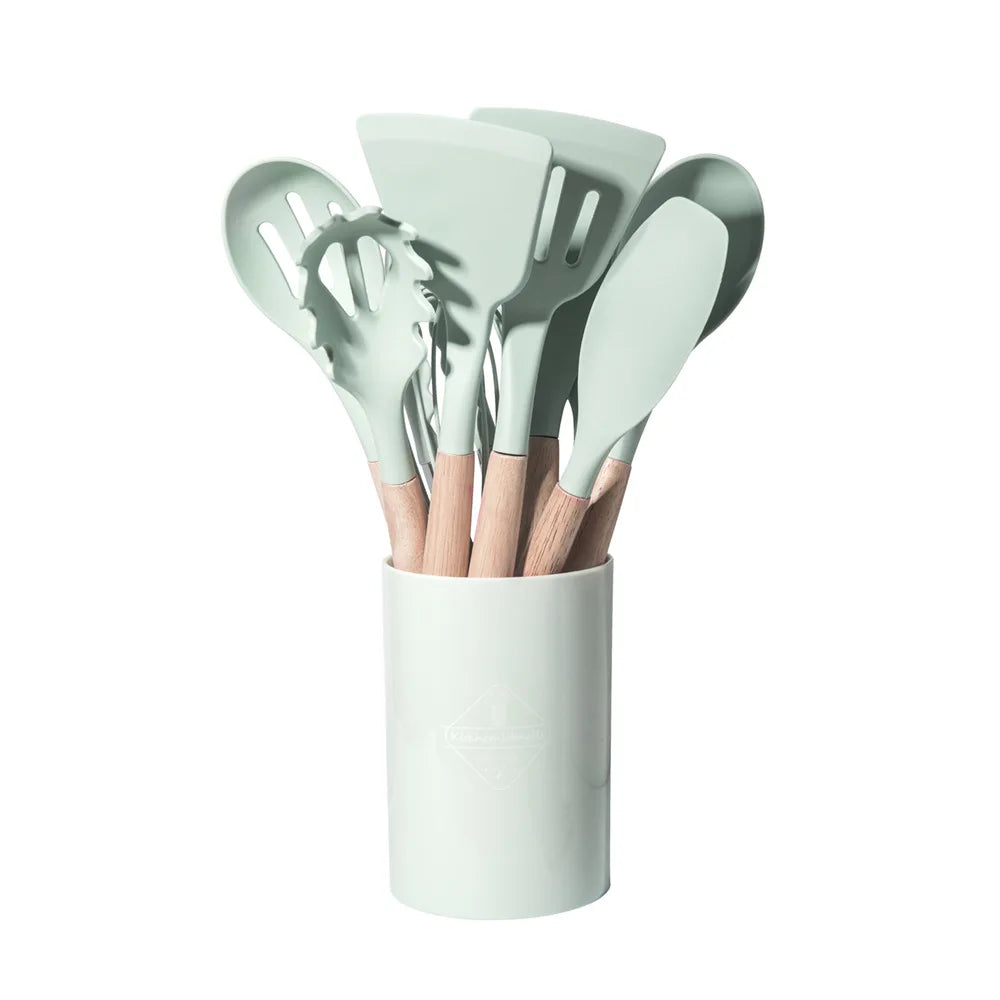 12Pcs Set of Multi-Color Silicone Wooden Handle Kitchenware Set Non Stick Pot Spatula and Spoon Cooking Utensils, Heat-Resistant